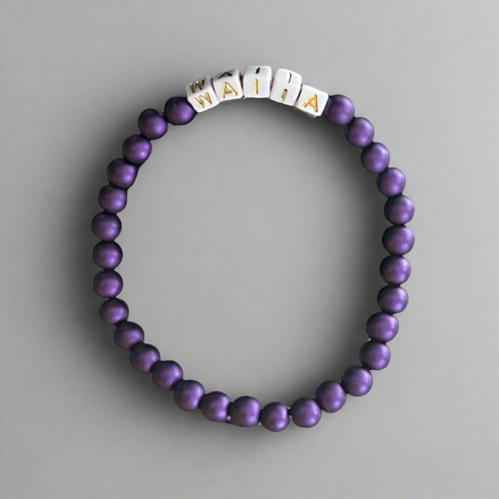 WAIIA Relax and Comfy Deep Purple Bracelet w/White Beads w/ Metallic Gold letterings