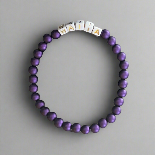 WAIIA Relax and Comfy Deep Purple Bracelet w/White Beads w/ Metallic Gold letterings